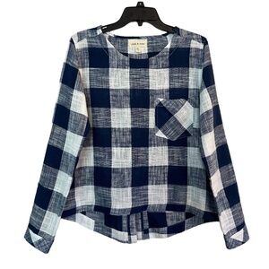 Cloth & Stone Plaid Linen Blend Long Sleeve Blouse Back button detail Women's  S